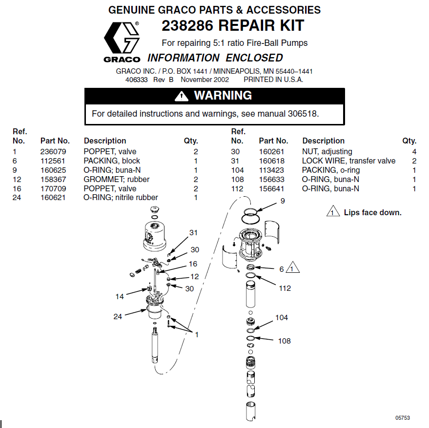 238286 Repair Kit for Graco Fireball 300 51 Pump 203876